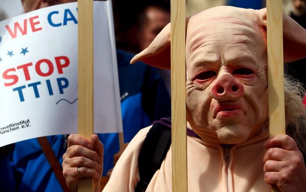 People dressed in costumes take part in a demonstration against the Transatlantic Trade and Investment Partnership (TTIP), a proposed free trade agreement between the European Union and the United States, in Munich April 18, 2015 - Sputnik International
