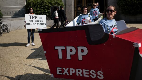 People protesting the TPP look at other protesters, as they rally to advocate for an increase in pay to $15 USD per hour, as part of a Fight for $15 labor effort on Capitol Hill April 22, 2015 in Washington - Sputnik International