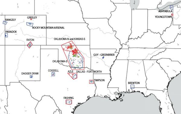 The USGS map of the central and eastern United States shows the location of earthquakes in 1960-2012 - when a different methodology for counting quakes was used - (in blue), 2013 (in green), and 2014 (in red). The USGS map of the central and eastern United States shows the location of earthquakes in 1960-2012 - when a different methodology for counting quakes was used - (in blue), 2013 (in green), and 2014 (in red). - Sputnik International