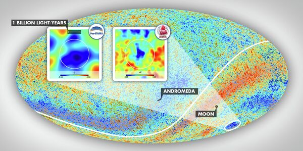 Insets show the Cold Spot, a patch of the sky as mapped by researchers using PS1 and WISE data and as observed in the cosmic microwave background temperature data taken by the Planck satellite. Insets show the Cold Spot, a patch of the sky as mapped by researchers using PS1 and WISE data and as observed in the cosmic microwave background temperature data taken by the Planck satellite. - Sputnik International