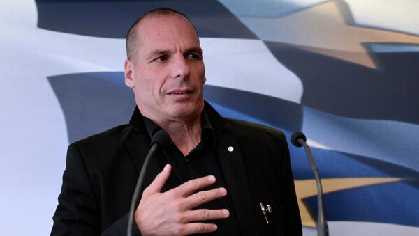 Greek Finance Minister Yianis Varoufakis briefs the media after his meeting with Swiss Deputy Minister for International Financial Affairs Jacques de Watteville in Athens on April 28, 2015 - Sputnik International