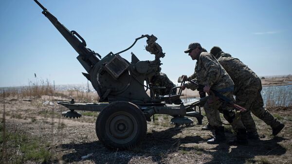 Ukrainian servicemen deploy a weapon at the beach of the Azov Sea in Shyrokyne, eastern Ukraine - Sputnik International