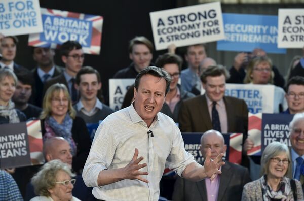 Britain's Prime Minister David Cameron delivers a speech to Conservative Party supporters and activists during an election campaign event in Wadebridge, south-western England - Sputnik International