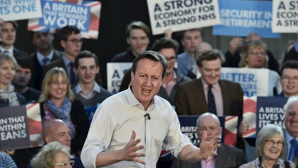 Britain's Prime Minister David Cameron delivers a speech to Conservative Party supporters and activists during an election campaign event in Wadebridge, south-western England - Sputnik International