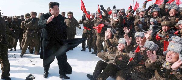 North Korean leader Kim Jong Un greets Korean People's Army pilots during a visit to the summit of Mt Paektu April 18, 2015 North Korean leader Kim Jong Un greets Korean People's Army pilots during a visit to the summit of Mt Paektu April 18, 2015 - Sputnik International