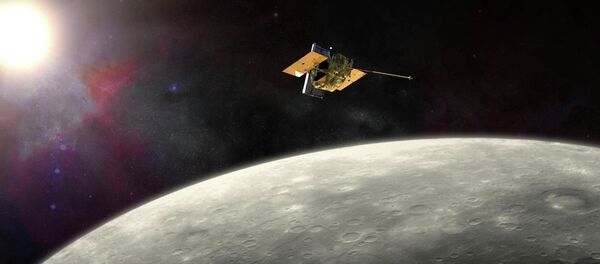 This artist's rendering provided by NASA shows the MErcury Surface, Space ENvironment, GEochemistry, and Ranging (MESSENGER) spacecraft around Mercury. On Thursday, April 16, 2015 - Sputnik International