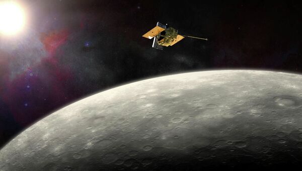 This artist's rendering provided by NASA shows the MErcury Surface, Space ENvironment, GEochemistry, and Ranging (MESSENGER) spacecraft around Mercury. On Thursday, April 16, 2015 - Sputnik International