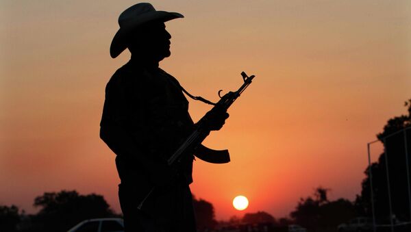 An unidentified armed man from a self-defense group stands with his weapon at the entrance of Apatzingan in Michoacan state, Mexico - Sputnik International