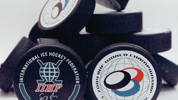 Official pucks to be used during the Ice Hockey World Championships 2004 are presented by the rubber-processing factory Gufex in Katerinice, Czech Republic - Sputnik International