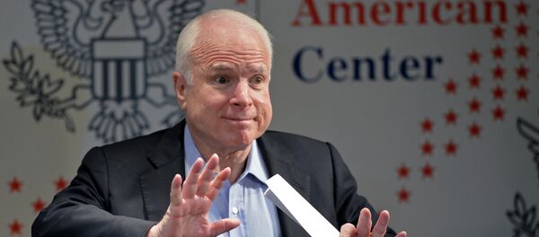 US Senator John McCain reacts to students of the Japan-America Student Conference (JASC) as he arrives at the Tokyo American Center in Tokyo on August 21, 2013 US Senator John McCain reacts to students of the Japan-America Student Conference (JASC) as he arrives at the Tokyo American Center in Tokyo on August 21, 2013 - Sputnik International