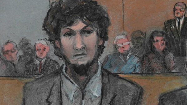Boston Marathon bomber Dzhokhar Tsarnaev is shown in a courtroom sketch after he is sentenced at the federal courthouse in Boston, Massachusetts May 15, 2015 - Sputnik International
