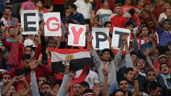 Egyptian fans carry placards and the national flag ahead of the match between Egypt and Senegal during the Africa Cup of Nations group G football match at the Cairo International Stadium in the Egyptian capital on November 15, 2014 - Sputnik International