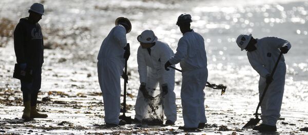 Workers clean up an oil slick along the coast of Refugio State Beach in Goleta, California, United States Workers clean up an oil slick along the coast of Refugio State Beach in Goleta, California, United States - Sputnik International
