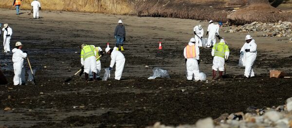 Clean up crews remove oil-laden sand on the beach at Refugio State Beach, site of an oil spill. - Sputnik International