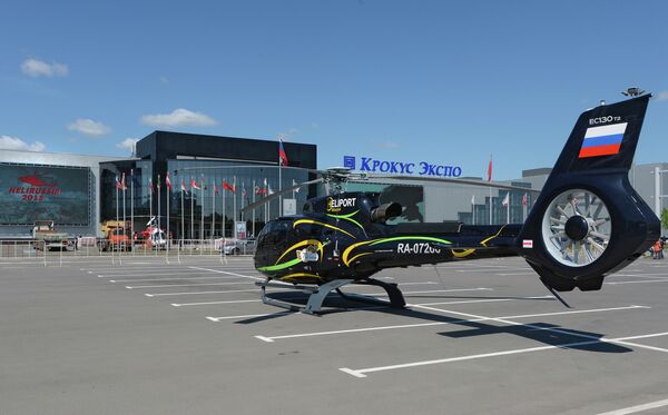 A Eurocopter EC-130T2 helicopter by Moscow's Crocus Expo exhibition hall before the HeliRussia 2015 expo. A Eurocopter EC-130T2 helicopter by Moscow's Crocus Expo exhibition hall before the HeliRussia 2015 expo. - Sputnik International