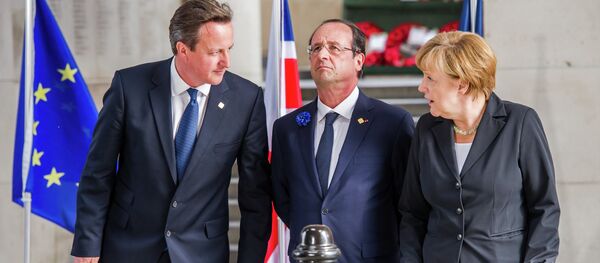 From left, British Prime Minister David Cameron, French President Francois Hollande and German Chancellor Angela Merkel - Sputnik International