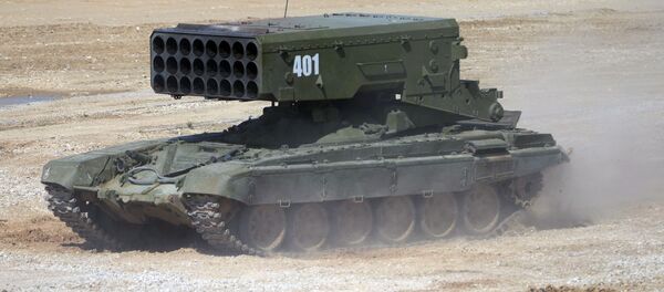 TOS-1 Solntsepek multiple rocket launcher during equipment demonstration at the International Military-Technical Forum “ARMY-2015” in Moscow region TOS-1 Solntsepek multiple rocket launcher during equipment demonstration at the International Military-Technical Forum “ARMY-2015” in Moscow region - Sputnik International