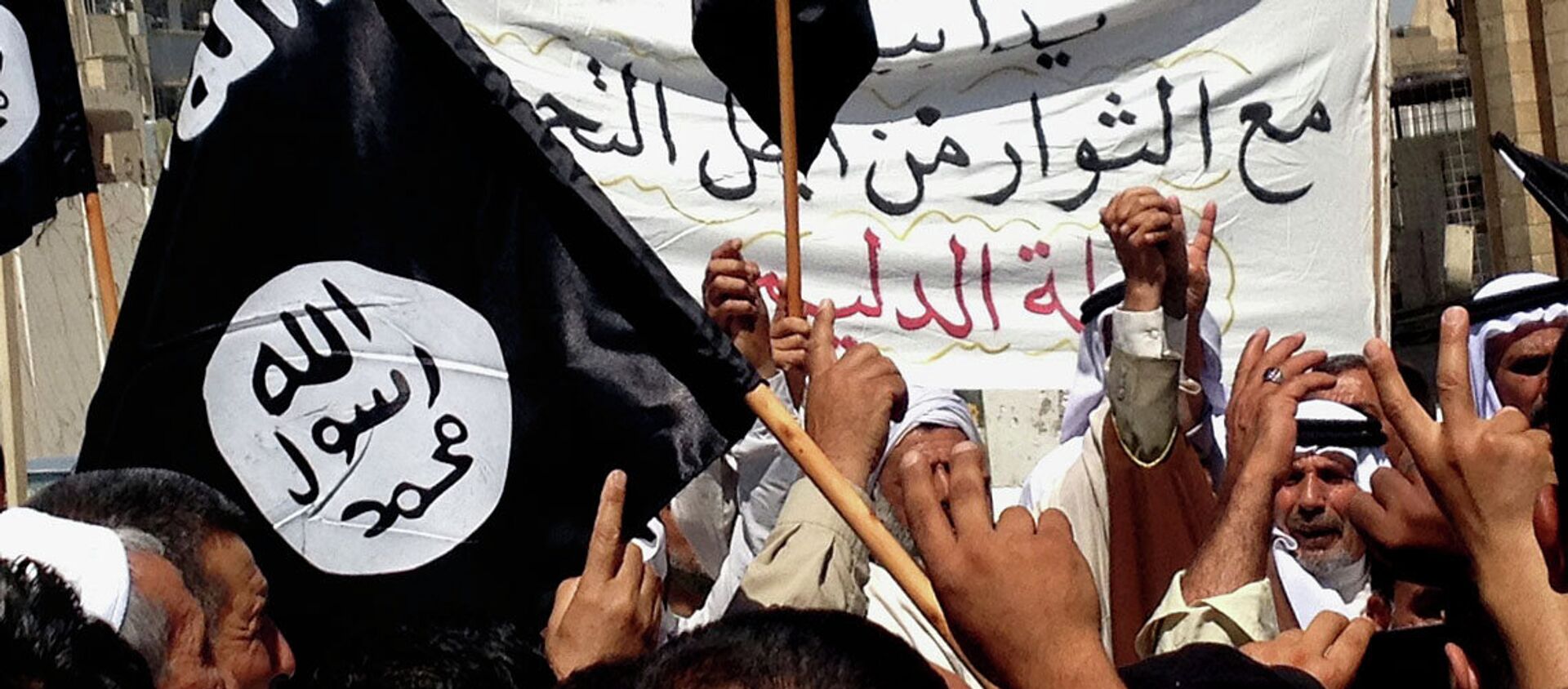 Demonstrators chant pro-al-Qaida-inspired Islamic State of Iraq and the Levant (ISIL) as they wave al-Qaida flags in front of the provincial government headquarters in Mosul. File photo - Sputnik International, 1920, 15.06.2015