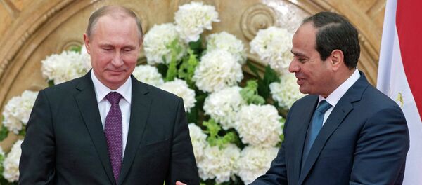 February 10, 2015. President Vladimir Putin (left) and his Egyptian counterpart Abdel Fattah al-Sisi make a joint statement for the press on the results of Russian-Egyptian talks in Cairo - Sputnik International