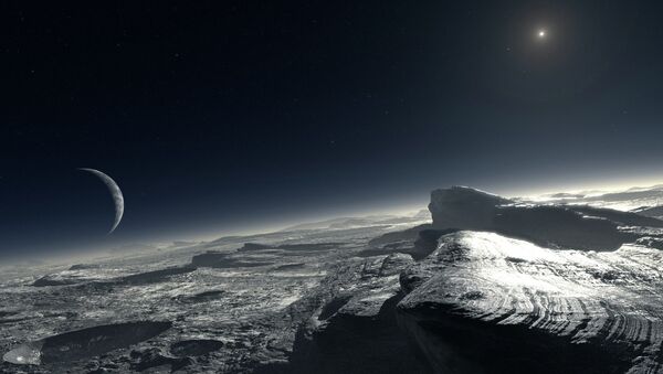 Artist’s impression of Pluto's surface, with Charon in the distance. - Sputnik International