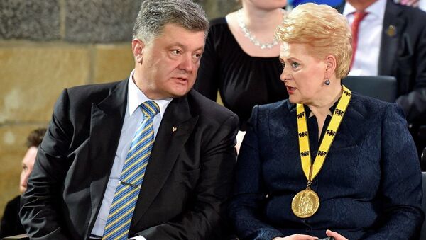 President Petro Poroshenko of Ukraine, left, talks to president Dalia Grybauskaite of Lithuania - Sputnik International