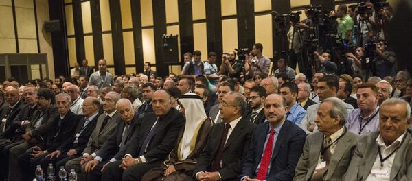 Egyptian Foreign Minister Sameh Shoukry (6thR), Secretary General of the Arab League Nabil al-Arabi (7th-R) and the Head of the Arab Parliament, Ahmad al-Jarwan (C) take part in a two-day meeting with Syrian opposition representatives aiming at forming a new coalition as an alternative to an exiled Western-back alliance on June 8, 2015 in the Egyptian capital, Cairo Egyptian Foreign Minister Sameh Shoukry (6thR), Secretary General of the Arab League Nabil al-Arabi (7th-R) and the Head of the Arab Parliament, Ahmad al-Jarwan (C) take part in a two-day meeting with Syrian opposition representatives aiming at forming a new coalition as an alternative to an exiled Western-back alliance on June 8, 2015 in the Egyptian capital, Cairo - Sputnik International