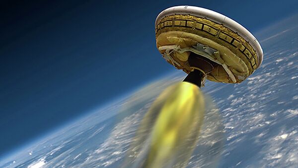 An undated artist's concept shows the test vehicle for NASA's Low-Density Supersonic Decelerator (LDSD), designed to test landing technologies for future Mars missions - Sputnik International