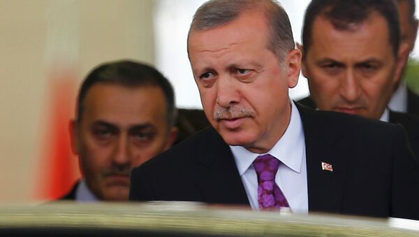 Turkish President Tayyip Erdogan (C) looks on after arriving at Esenboga Airport, in Ankara, Turkey, June 8, 2015 - Sputnik International