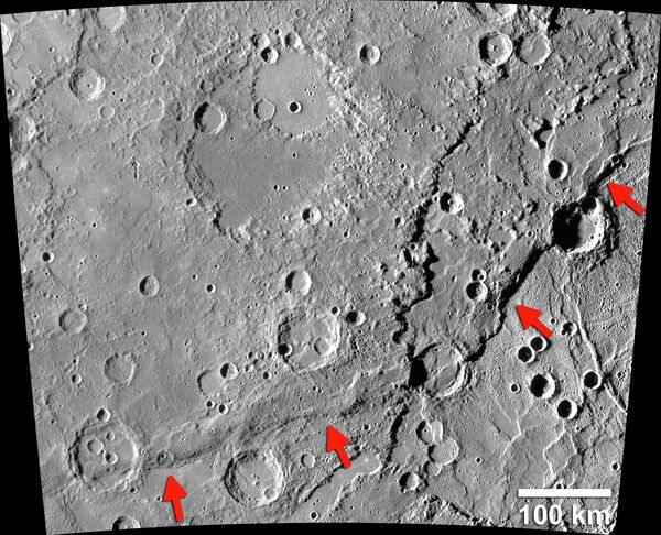 The Enterprise Rupes on Mercury (identified by arrows) is the largest lobate fault scarp on Mercury at 621 miles long and 1.8 miles high. The Enterprise Rupes on Mercury (identified by arrows) is the largest lobate fault scarp on Mercury at 621 miles long and 1.8 miles high. - Sputnik International