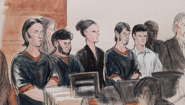 In this courtroom sketch, the four men accused of plotting to send U.S. residents overseas to fight for the Islamic State, Akhror Saidakhmetov, left, Abror Habibov, second from left, Abdurasul Hasanovich Juraboev, fourth from left, and Dilkhayot Kasimov, fifth from left, appear in a New York City courtroom - Sputnik International
