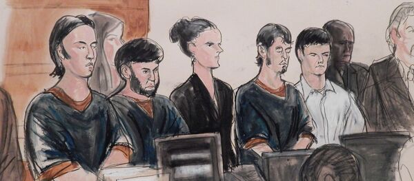 In this courtroom sketch, the four men accused of plotting to send U.S. residents overseas to fight for the Islamic State, Akhror Saidakhmetov, left, Abror Habibov, second from left, Abdurasul Hasanovich Juraboev, fourth from left, and Dilkhayot Kasimov, fifth from left, appear in a New York City courtroom In this courtroom sketch, the four men accused of plotting to send U.S. residents overseas to fight for the Islamic State, Akhror Saidakhmetov, left, Abror Habibov, second from left, Abdurasul Hasanovich Juraboev, fourth from left, and Dilkhayot Kasimov, fifth from left, appear in a New York City courtroom - Sputnik International