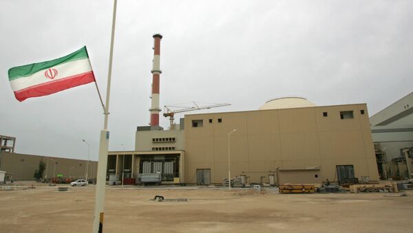 Iranian flag outside the building housing the reactor of the Bushehr nuclear power plant. (File) - Sputnik International