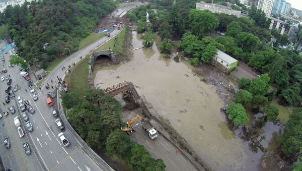 A general view taken on June 14, 2015 shows an area flooded by the overflowing of the Vere river due to heavy rainfall in the Georgian capital Tbilisi - Sputnik International