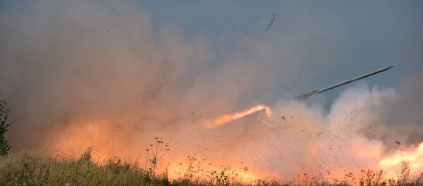 Uragan rocket system launch during an exercise in missile strike and artillery fire control at the Chebarkul firing range of the Central Military District in the Chelyabinsk Region - Sputnik International