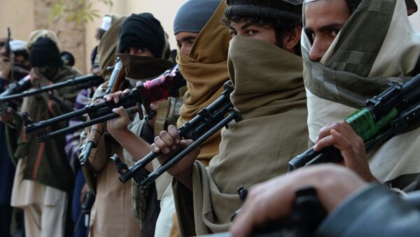 Afghan former Taliban fighters are photographed holding weapons before they hand them over as part of a government peace and reconciliation process at a ceremony in Jalalabad on February 8, 2015 - Sputnik International