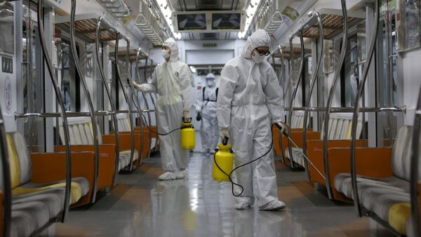 Workers in full protective gear disinfect the interior of a subway train at a Seoul Metro's railway vehicle base in Goyang, South Korea, June 9, 2015 - Sputnik International