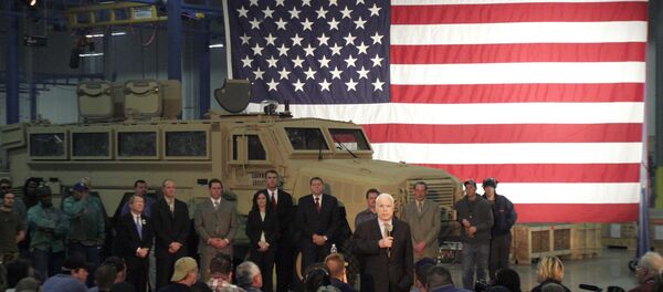 Republican presidential hopeful Sen. John McCain, R-Ariz., speaks during a visit to defense contractor's, BAE Systems', assembly line for Mine Resistant Ambush Protected vehicles (MRAP's) in West Chester, Ohio. Tuesday, Feb. 26, 2008 - Sputnik International