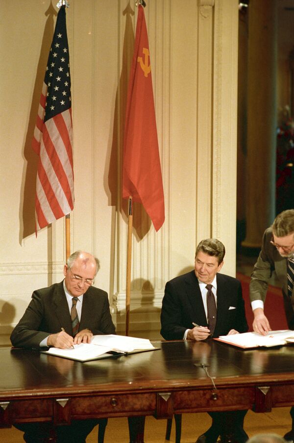 Washington has accused Russia of violating the Intermediate-Range Nuclear Forces Treaty (INF), which was signed by US and Russian leaders Ronald Reagan and Mikhail Gorbachev in 1987, where it was agreed that both parties would scrap all land-based, intermediate-ranged atomic weapons and prevent their proliferation in the future. Washington has accused Russia of violating the Intermediate-Range Nuclear Forces Treaty (INF), which was signed by US and Russian leaders Ronald Reagan and Mikhail Gorbachev in 1987, where it was agreed that both parties would scrap all land-based, intermediate-ranged atomic weapons and prevent their proliferation in the future. - Sputnik International