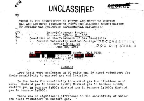One of the documents obtained through FOIA by NPR described a study carried out in the Spring of 1944 which sought to determine whether mustard gas had a different effect on enlisted men of Japanese ancestry - nisei - but which found no significant difference. One of the documents obtained through FOIA by NPR described a study carried out in the Spring of 1944 which sought to determine whether mustard gas had a different effect on enlisted men of Japanese ancestry - nisei - but which found no significant difference. - Sputnik International