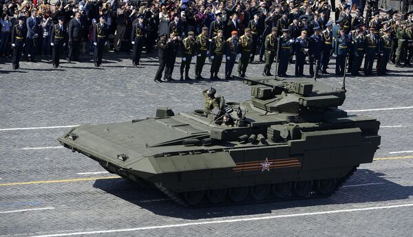 An infantry fighting vehicle with the Armata Universal Combat Platform at the final rehearsal of the military parade to mark the 70th anniversary of Victory in the 1941-1945 Great Patriotic War. An infantry fighting vehicle with the Armata Universal Combat Platform at the final rehearsal of the military parade to mark the 70th anniversary of Victory in the 1941-1945 Great Patriotic War. - Sputnik International