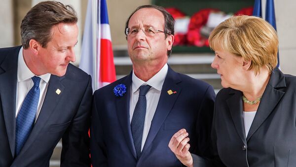 From left, British Prime Minister David Cameron, French President Francois Hollande and German Chancellor Angela Merkel - Sputnik International