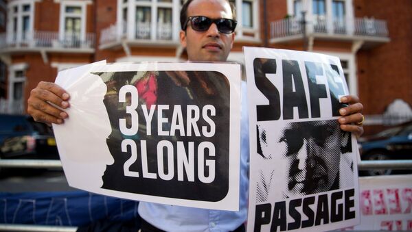 A supporter of Wikileaks founder Julian Assange holds banners outside the Ecuadorian embassy in London as he marks three years since Assange claimed asylum in the embassy on June 19, 2015 - Sputnik International
