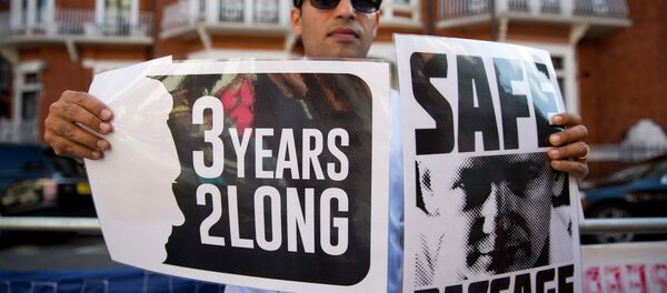 A supporter of Wikileaks founder Julian Assange holds banners outside the Ecuadorian embassy in London as he marks three years since Assange claimed asylum in the embassy on June 19, 2015 - Sputnik International