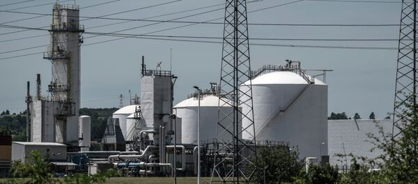 A photo taken on June 26, 2015 shows the Air Products gas factory in Saint-Quentin-Fallavier, near Lyon, central eastern France, after a suspected Islamist assault in which a decapitated head was pinned to the gates - Sputnik International