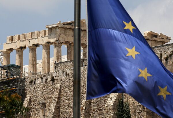 A European Union flag flutters before the temple of Parthenon at the Acropolis hill in Athens, Greece, A European Union flag flutters before the temple of Parthenon at the Acropolis hill in Athens, Greece, - Sputnik International