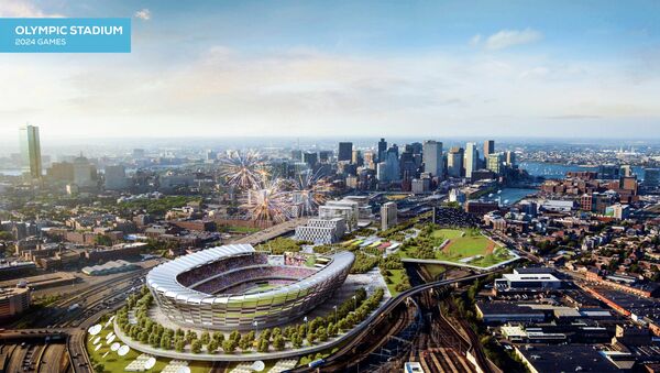 This architect's rendering released Monday, June 29, 2015, by the Boston 2024 planning committee shows an Olympic stadium that is proposed to be built in Boston if the city is awarded the Summer Olympic games in 2024 - Sputnik International