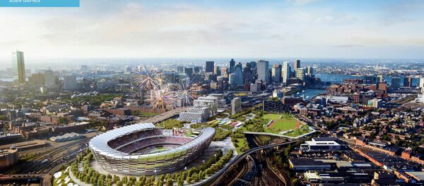 This architect's rendering released Monday, June 29, 2015, by the Boston 2024 planning committee shows an Olympic stadium that is proposed to be built in Boston if the city is awarded the Summer Olympic games in 2024 - Sputnik International