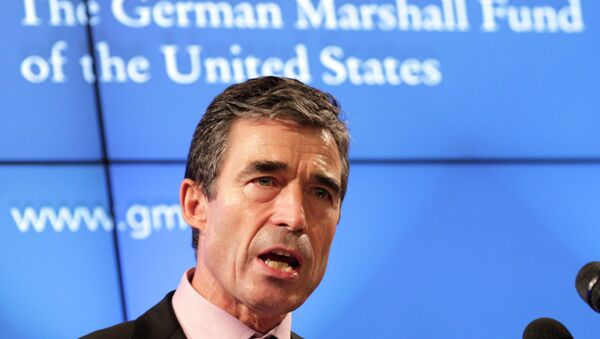 NATO Secretary General Anders Fogh Rasmussen addresses the audience at a meeting of the German Marshall Fund, in Brussels, Friday, Oct. 8, 2010. - Sputnik International