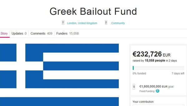 Thom Feeney, originally from York but currently residing in London, has had enough. He came up with the amusing idea of letting Europeans sort the Greek crisis out by crowdfunding and subsequently paying off the entire amount of the Greek government's debt — that is no less than €1.6 billion ($1.8 billion). - Sputnik International