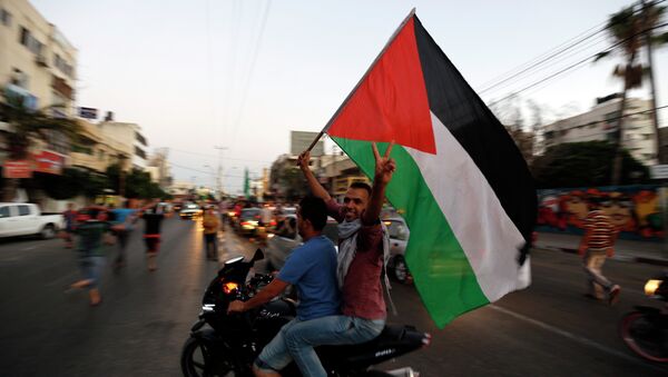Palestinians wave the national flag as they gather is the streets of Gaza City on August 26, 2014 - Sputnik International